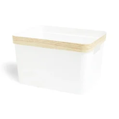 Gifi Rangement|Panière blanche rebord imitation bois 35,5x26xH21,5cm