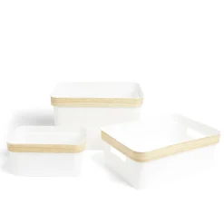 Gifi Rangement|Panière blanche rebord imitation bois 35,5x26xH21,5cm