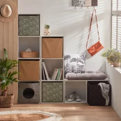 Gifi Rangement|Panière Box Cube motif floral vert et blanc 31x29x31cm