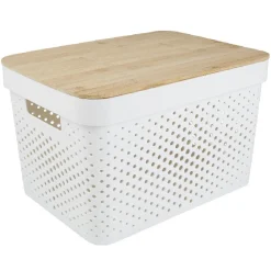 Gifi Rangement|Panière de rangement blanche avec couvercle en bambou