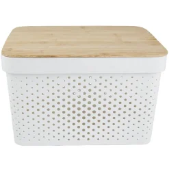 Gifi Rangement|Panière de rangement blanche avec couvercle en bambou
