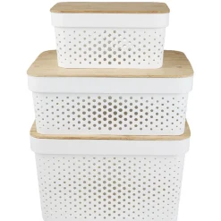 Gifi Rangement|Panière de rangement blanche avec couvercle en bambou