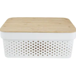 Gifi Rangement|Panière de rangement blanche avec couvercle en bambou