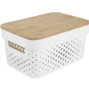 Gifi Rangement|Panière de rangement blanche avec couvercle en bambou petit modèle