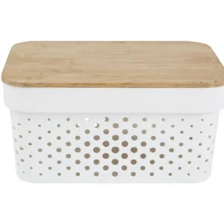 Gifi Rangement|Panière de rangement blanche avec couvercle en bambou petit modèle