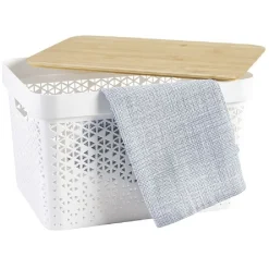 Gifi Rangement|Panière de rangement blanche avec couvercle en bambou grand modèle