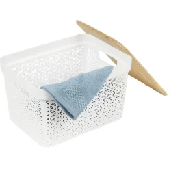 Gifi Rangement|Panière de rangement blanche avec couvercle en bambou moyen modèle