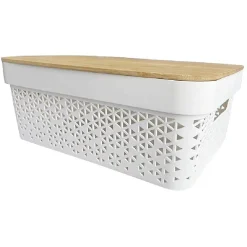 Gifi Rangement|Panière de rangement blanche avec couvercle en bambou petit modèle