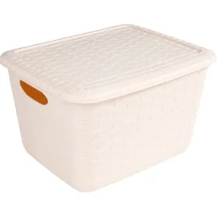 Gifi Rangement|Panière de rangement effet tressé avec couvercle rose 14,8 L