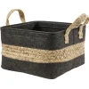 Gifi Rangement|Panière en jonc de mer noir avec bande déco naturel - 29x25xH29 cm