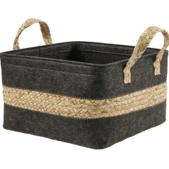 Gifi Rangement|Panière en jonc de mer noir avec bande déco naturel - 32x27xH32 cm