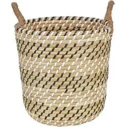 Gifi Rangement|Panière forme seau en jonc de mer naturel blanc noir