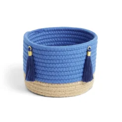 Gifi Rangement|Panière naturelle jute coton beige et bleu Ø16xH14cm