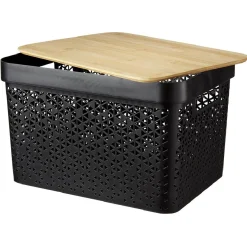Gifi Rangement|Panière noire avec couvercle bambou naturel H21,5 cm