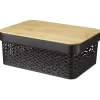 Gifi Rangement|Panière noire avec couvercle bambou naturel H13,5 cm