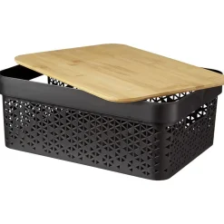 Gifi Rangement|Panière noire avec couvercle bambou naturel H12 cm