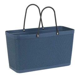 Gifi Rangement|Panière plastique bleu foncé effet tressé anses noires