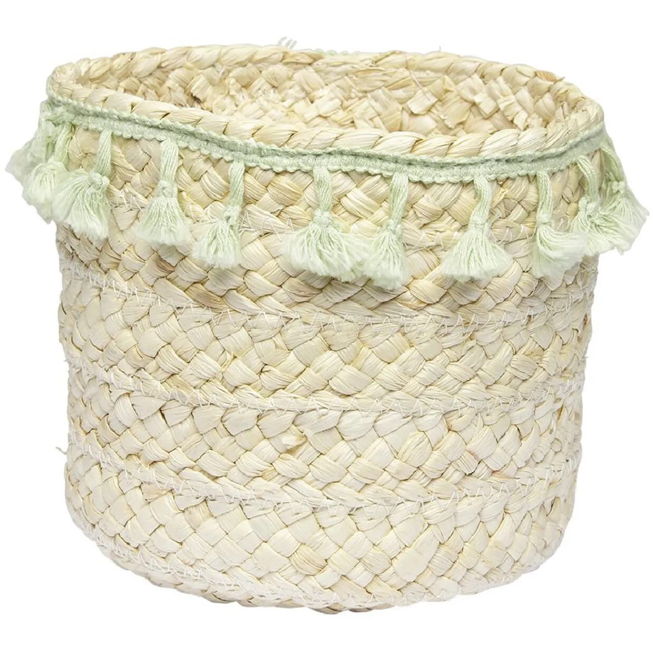 Gifi Rangement|Panière ronde en jonc naturel avec pompons vert Ø19 cm