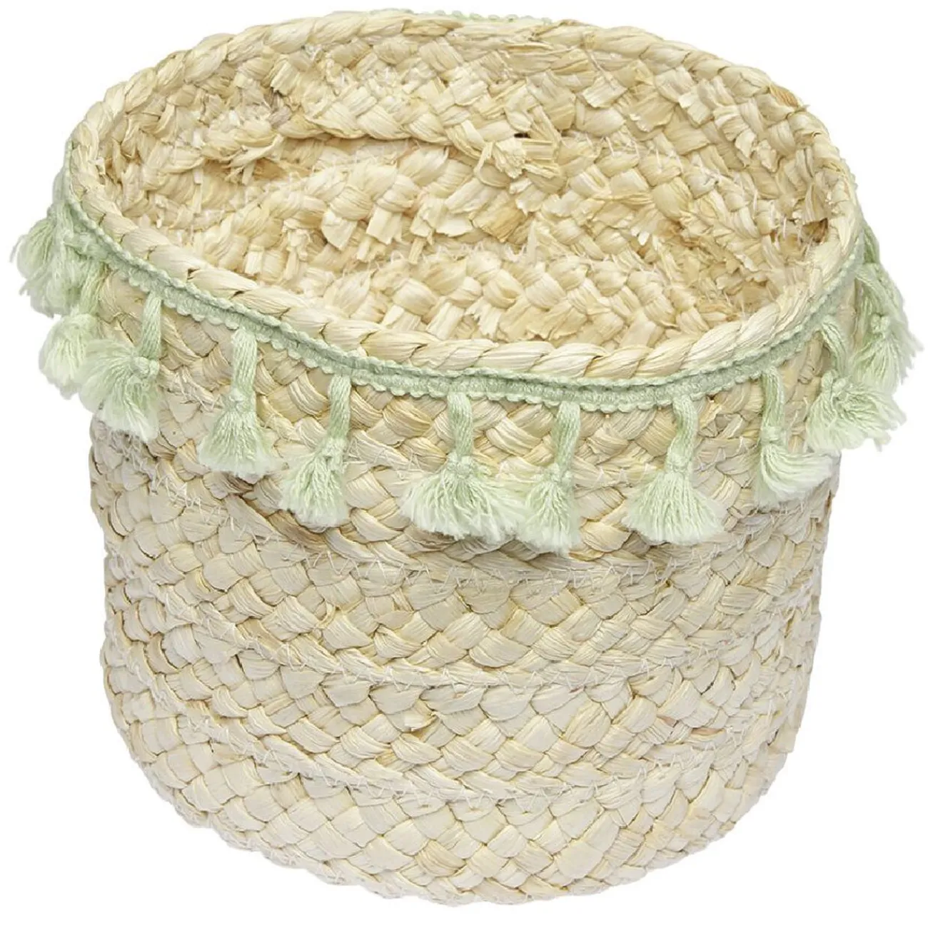 Gifi Rangement|Panière ronde en jonc naturel avec pompons vert Ø19 cm
