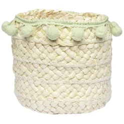 Gifi Rangement|Panière ronde en jonc naturel avec pompons vert Ø16 cm