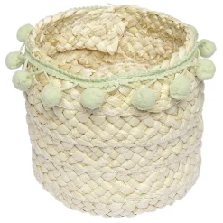 Gifi Rangement|Panière ronde en jonc naturel avec pompons vert Ø16 cm