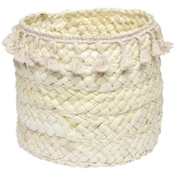 Gifi Rangement|Panière ronde en jonc naturel avec pompons rose Ø19 cm