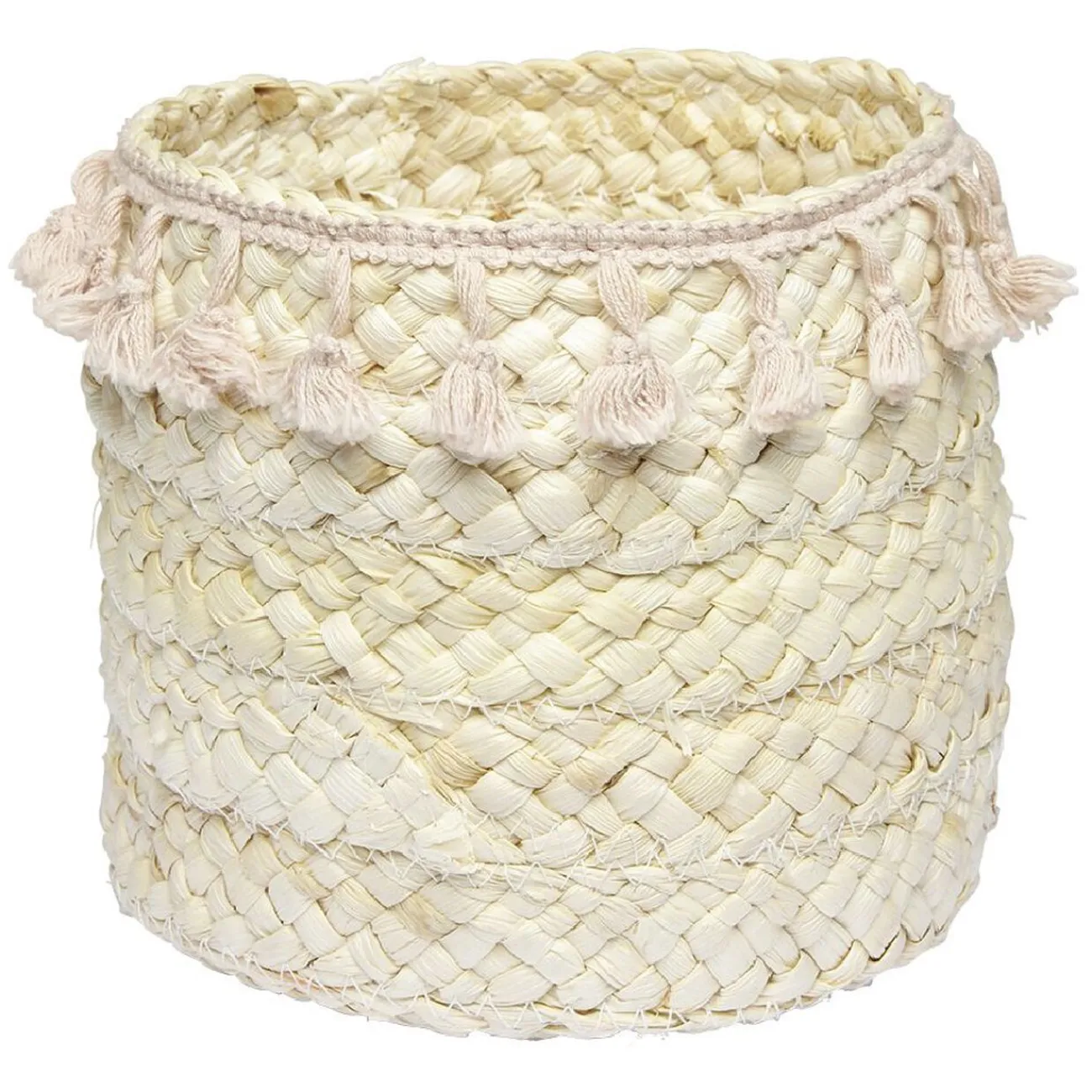 Gifi Rangement|Panière ronde en jonc naturel avec pompons rose Ø19 cm