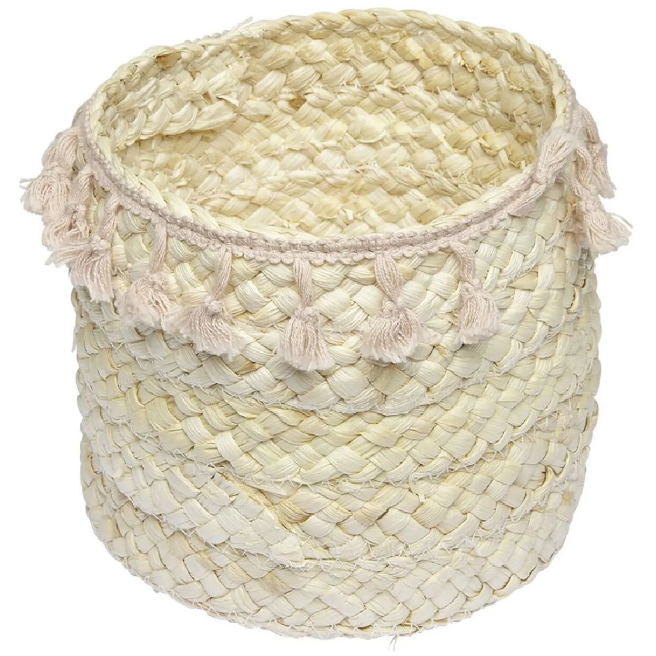 Gifi Rangement|Panière ronde en jonc naturel avec pompons rose Ø19 cm