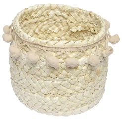 Gifi Rangement|Panière ronde en jonc naturel avec pompons rose Ø16 cm