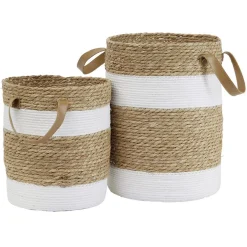 Gifi Rangement|Panière ronde en jute naturel bandes blanches Ø25xH30 cm - LENA