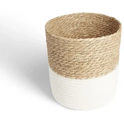 Gifi Rangement|Panière tressée bi-matière coton et jacynthe blanc et naturel Ø24xH24cm