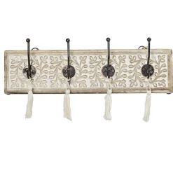 Gifi Rangement|Patère manguier sculpté naturel 4 crochets avec pompons