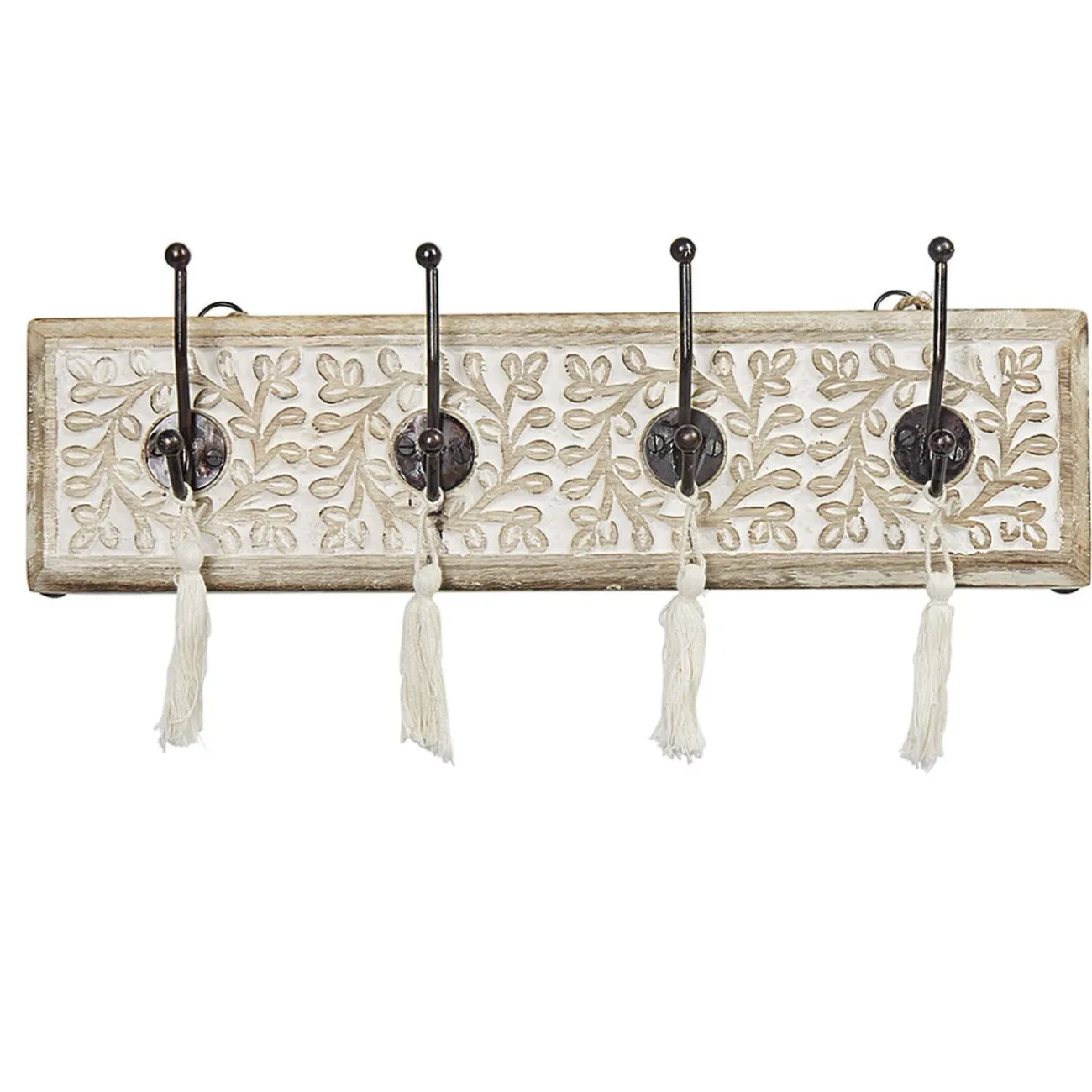 Gifi Rangement|Patère manguier sculpté naturel 4 crochets avec pompons