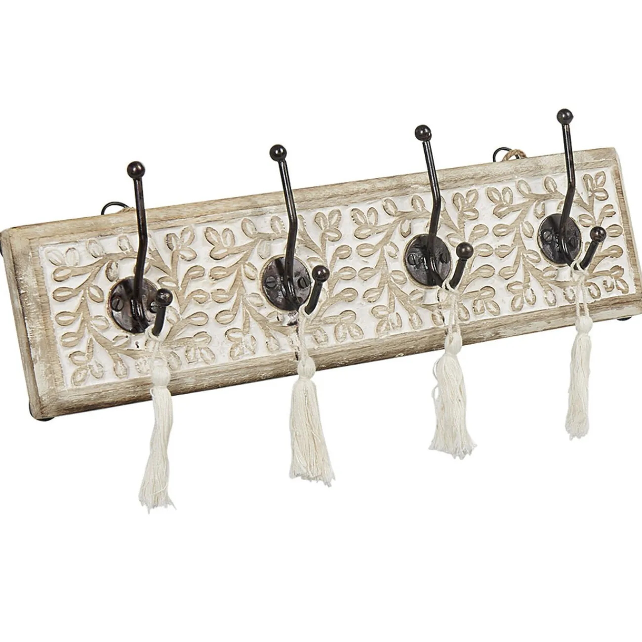 Gifi Rangement|Patère manguier sculpté naturel 4 crochets avec pompons