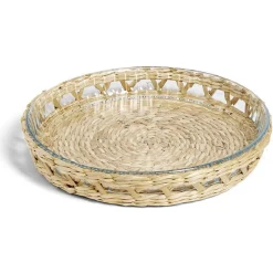 Gifi Plat à four en verre transparent et déco raphia beige Ø27,5xH4,5cm