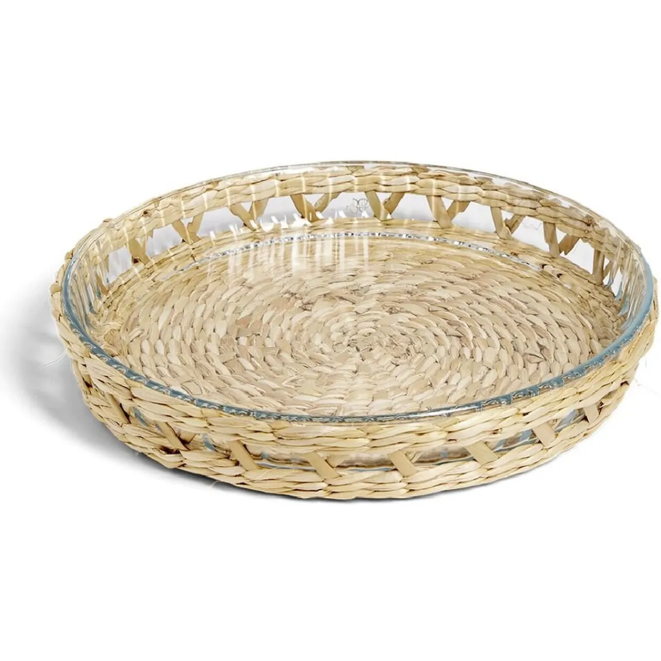 Gifi Plat à four en verre transparent et déco raphia beige Ø27,5xH4,5cm