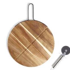 Gifi Plateau à pizza en bois avec roulette en acier