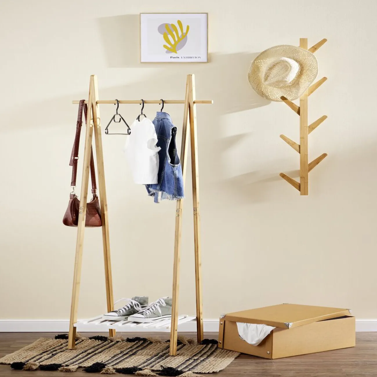 Gifi Rangement|Portant bambou avec étagère pour accessoires 64x44xH160cm