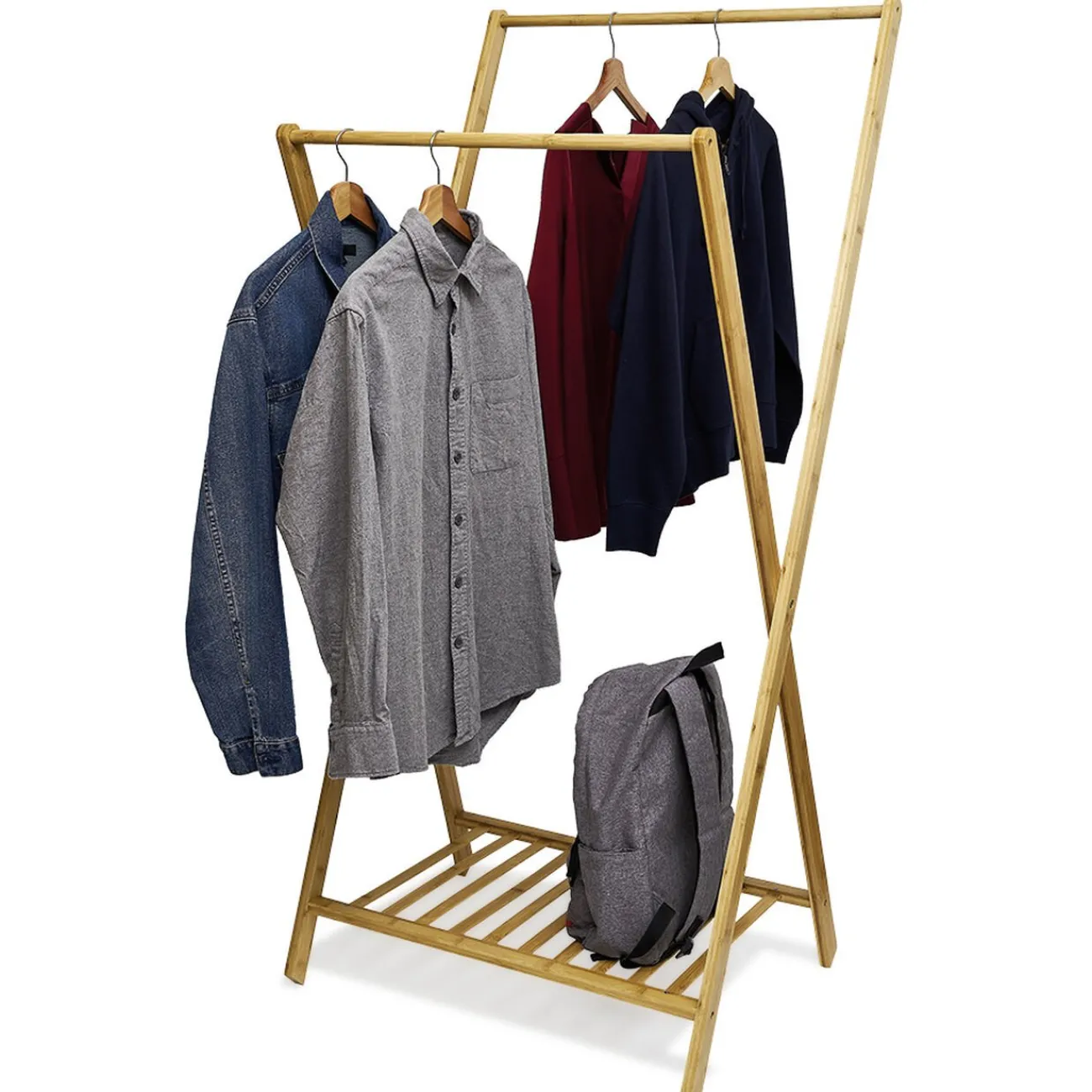 Gifi Rangement|Portant double en bambou avec étagère pour accessoires 70x55xH150cm