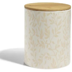 Gifi Pot de conservation 1,6L grès motif feuillage couvercle bambou Ø12xH14,5cm