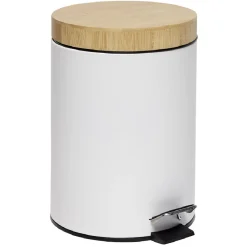 Gifi Nettoyage Et Entretien|Poubelle salle de bain à pédale couvercle bambou et métal blanc 5L