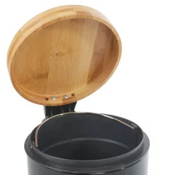 Gifi Nettoyage Et Entretien|Poubelle salle de bain noire avec couvercle bambou