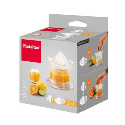 Gifi Presse agrumes Metaltex transparent couvercle blanc 2 cônes