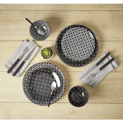 Gifi Service vaisselle en porcelaine 18 pièces motif graphique noir et blanc