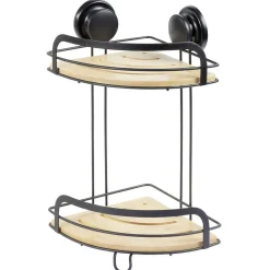 Gifi Equipement Douche^Serviteur de douche d'angle 2 niveaux bambou et métal noir