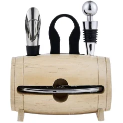 Gifi Set 4 accessoires à vin dans tonneau en bois