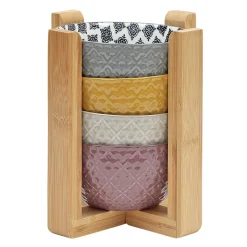 Gifi Set 4 bols décor ethnique noir et blanc et support en bambou