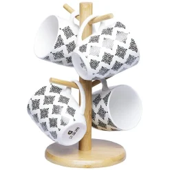 Gifi Set 4 mugs décor arabesque noir et blanc et support en bambou