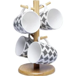 Gifi Set 4 mugs décor arabesque noir et blanc et support en bambou