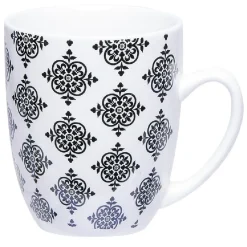 Gifi Set 4 mugs décor arabesque noir et blanc et support en bambou